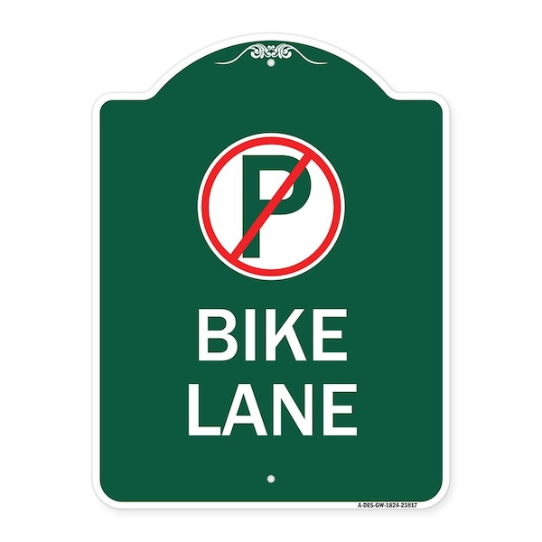 No Parking Symbol Bike Lane, Green & White Aluminum Architectural Sign, 18" x 24", GW-1824-23817